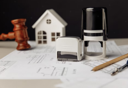 wooden gavel, stamp, notes, and model of house on the table