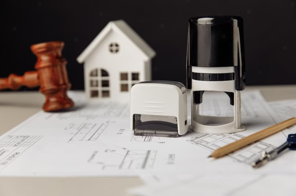 wooden gavel, stamp, notes, and model of house on the table