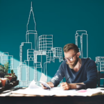 Man wearing glasses, holding a notebook in one hand and writing with the other hand, with a backdrop of buildings