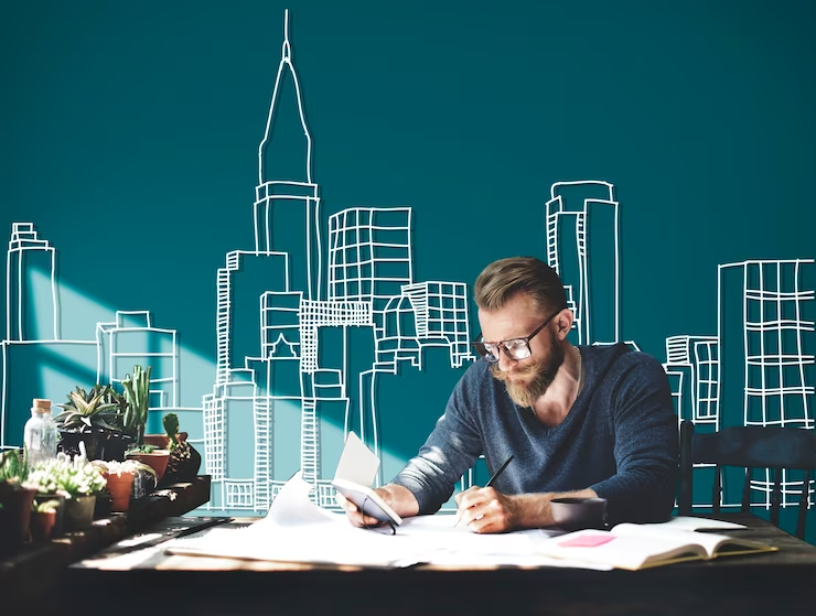 Man wearing glasses, holding a notebook in one hand and writing with the other hand, with a backdrop of buildings