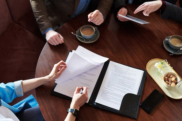 Top-down view of a table with three individuals. One person is holding documents, another is holding a tablet, and there's a cup of coffee on the table